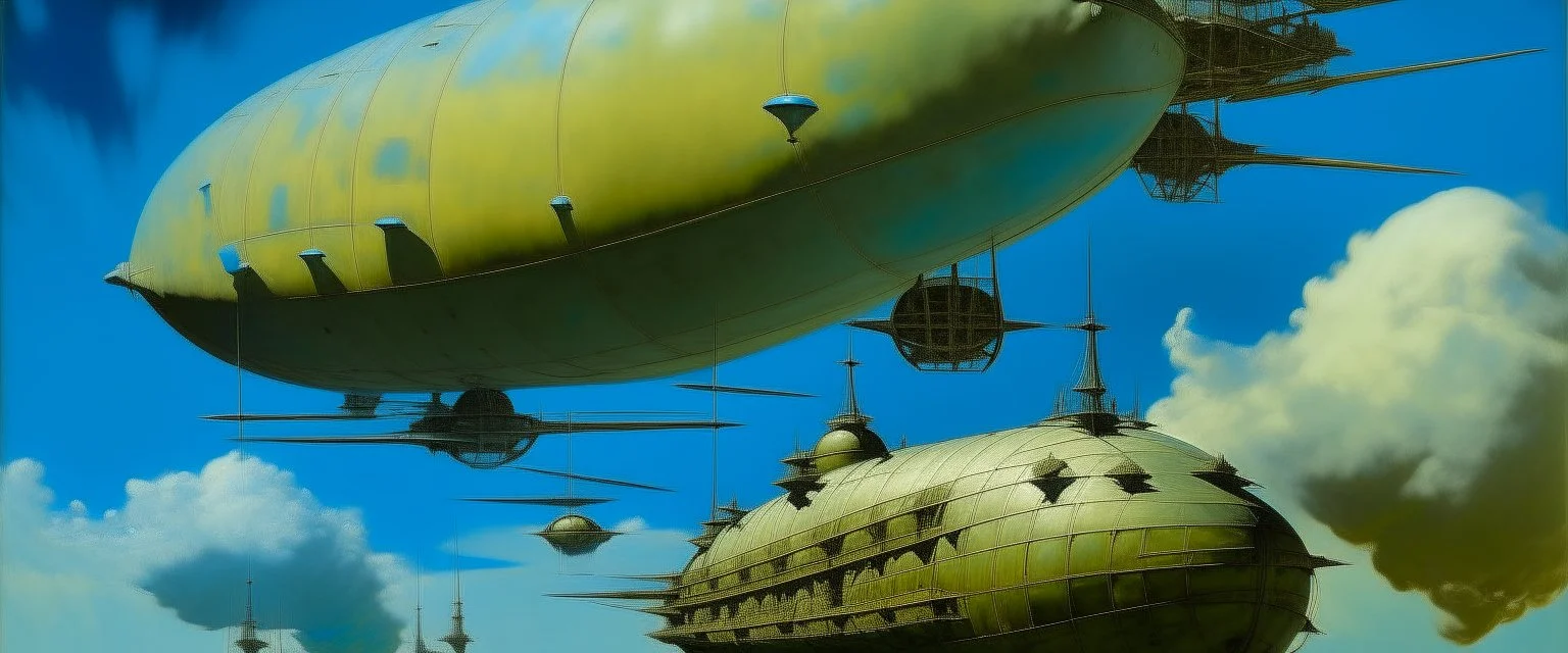 A cyan sky with electrical airships painted by Piet Mondrian