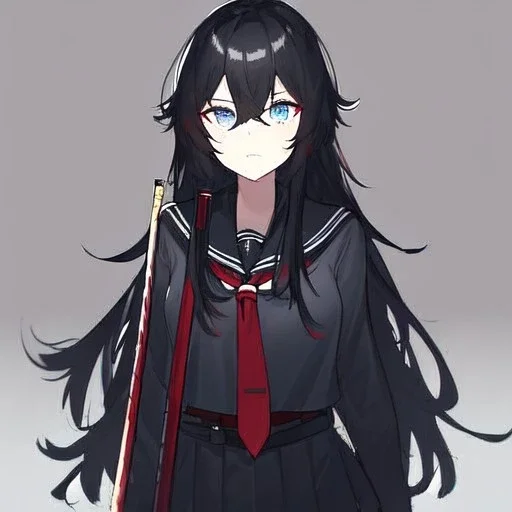 Clear focus, High resolution, long black fluffy hair, blue eyes, wearing a black sailor uniform, red tie, yandere, rough line sketch, dark aura, holding a katana, hair between eyes, 1girl, standing in grey sand