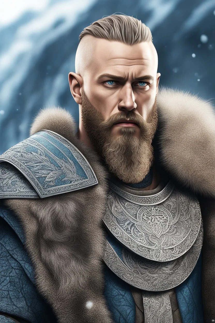 Ragnar Lothbrok in 8k cartoon artstyle, blue eyes, Bald, beard, tattoos, winter, close picture, highly detailed, high details, detailed portrait, masterpiece,ultra detailed, ultra quality