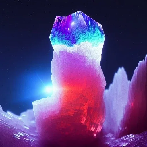 photograph of a (one massive colorful crystal:1.2) growing out of the rocky mountain, (focus on crystal:1.2), 4k, 8k, (highly detailed), ((landscape)),(translucent crystal:1.1), light going trough the crystal, bokeh, chromatic aberration, mountain view, blue and pink background