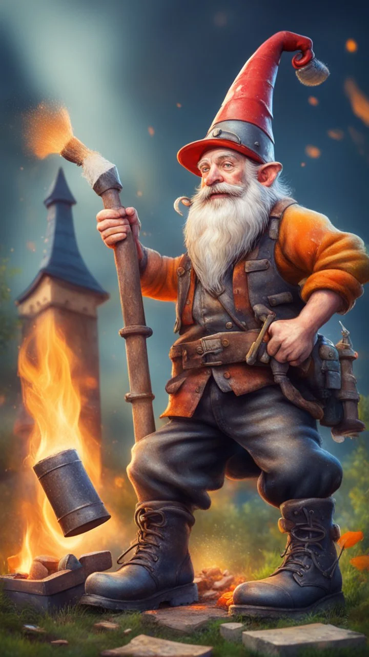 postcard portrait of bard post man sexy gnome fire man with old boots, sledge hammer and chissel in the garden holding a tower fortification, magazine cover illustration with spray paint, signed, bokeh like, down-light, unreal engine, prize winning