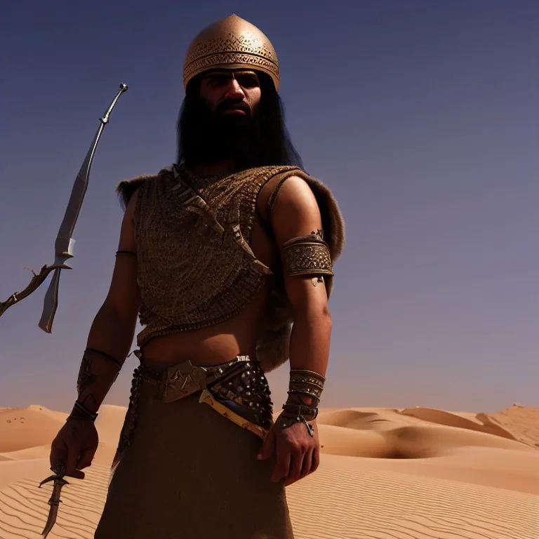 badass persian warrior in the desert, atmospheric, realistic, unreal engine, cinematic lighting, octane render.