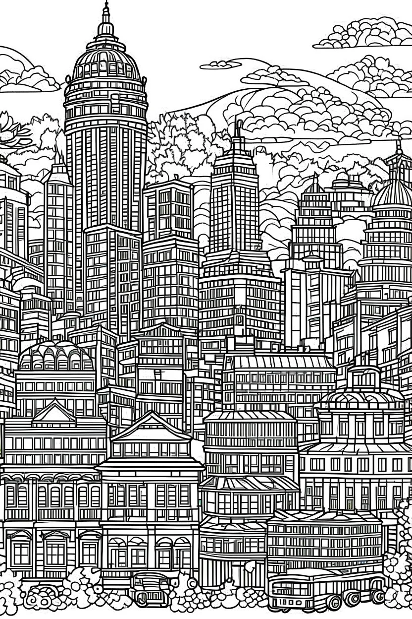 outline art fo rold cities coloring pages for adults with acient city, white background, Sketch styl, only use outline. Mandala style, clean line art, no shadows and clear and well outlined, Intricate Patterns and Details