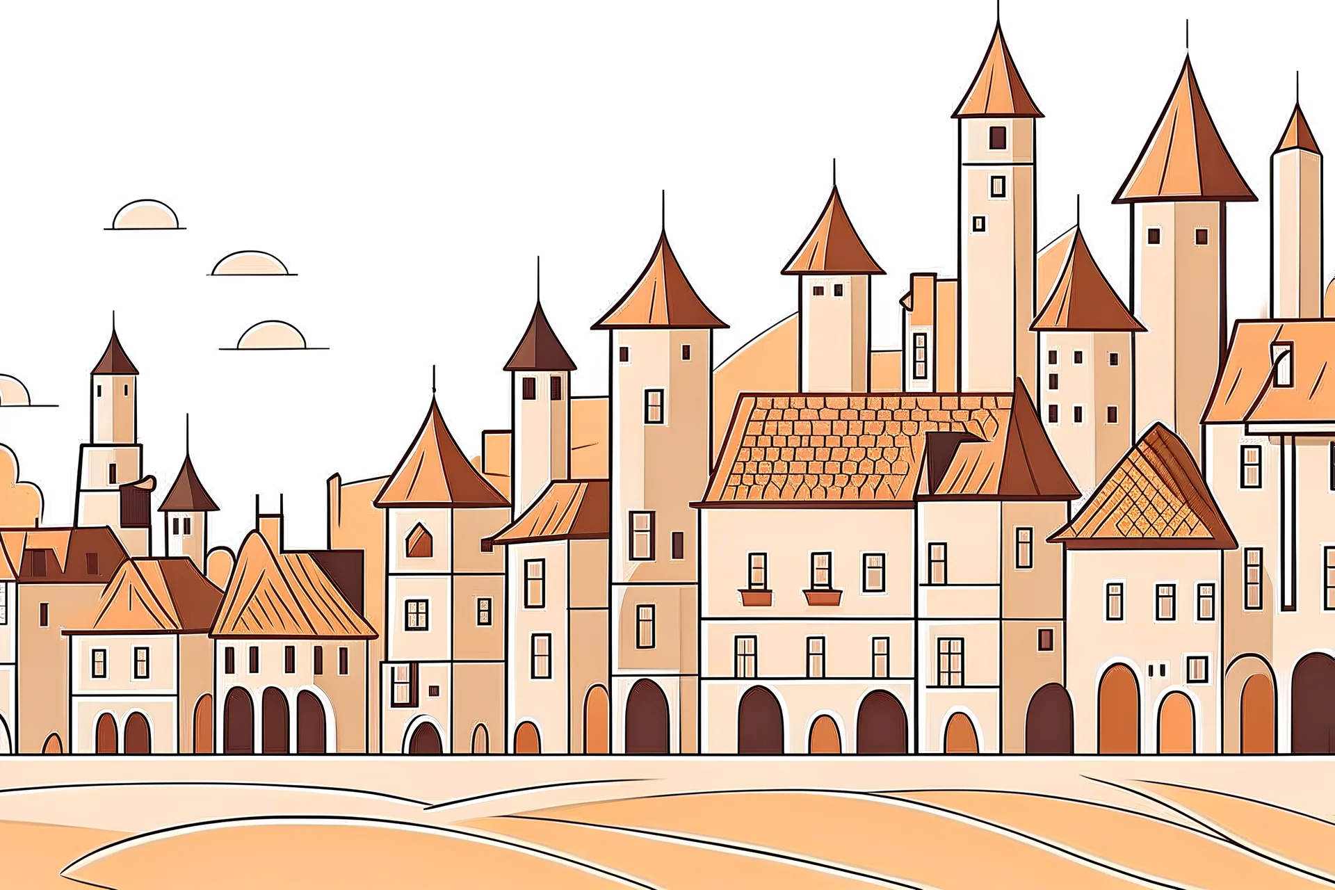 Scene foreground, background, middle ground with que, zoomed on on a building in an organic city in a not scary hell, Middle Ages style, an exaggerated long que of people outside the building, waiting in line, style: children’s book illustration, flat vector-like, no shadow, minimalistic, no outline, realistic colors in orange, red shades