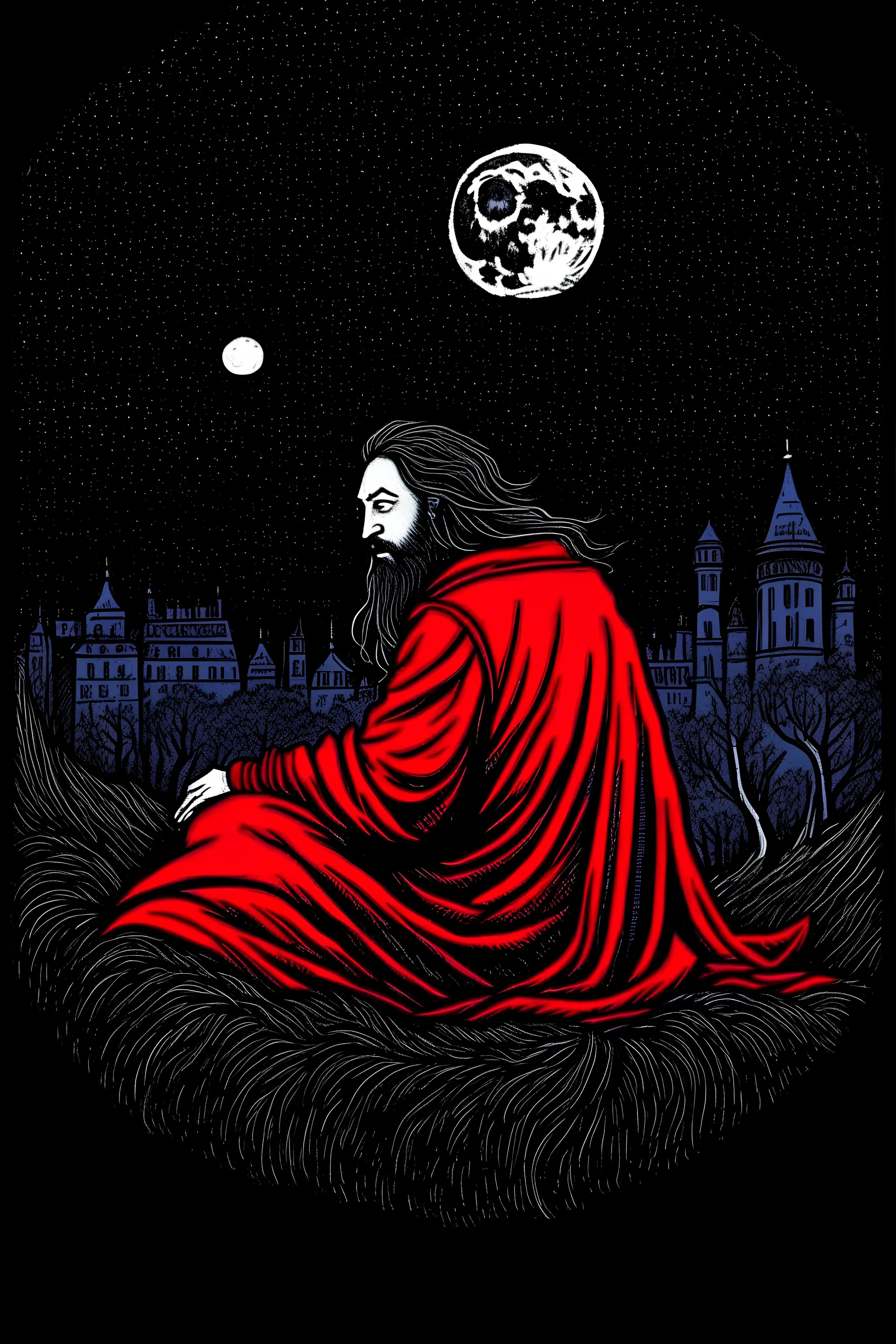 On a dark night, on a full crimson moon, a vampire appears wearing a red scarf with a long beard and hair, eating his stump in Paris, and a hiding person sees him.