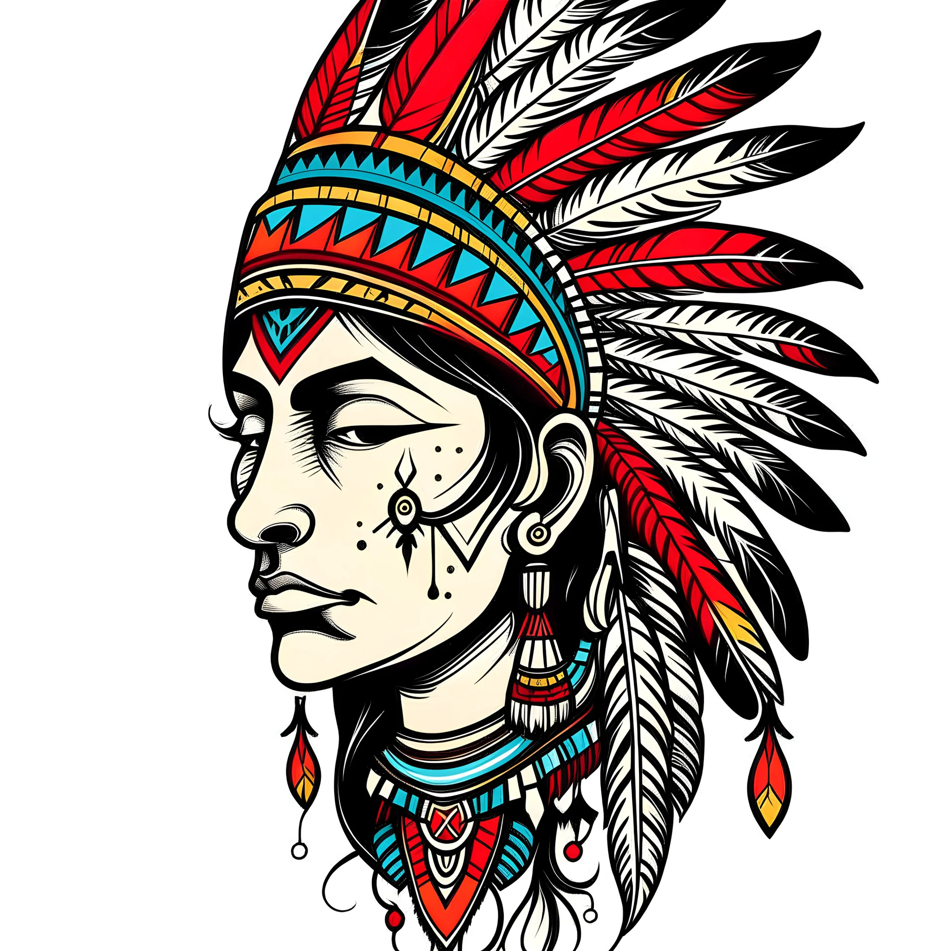 a modern tattoo design, old school style, thick black lines, on a plain white background, featuring a native american as the main element, minimal style, vibrant saturated color palette, Hand drawn aesthetic, old school style with hints of American traditional tattoo style