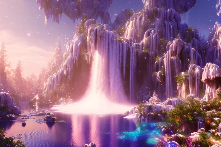  white and gold crystal cosmic ambiance，waterfall, full of details, smooth, bright sunshine，soft light atmosphere, light effect，vaporwave colorful, concept art, smooth, extremely sharp detail, finely tuned detail, ultra high definition, 8 k, unreal engine 5, ultra sharp focus