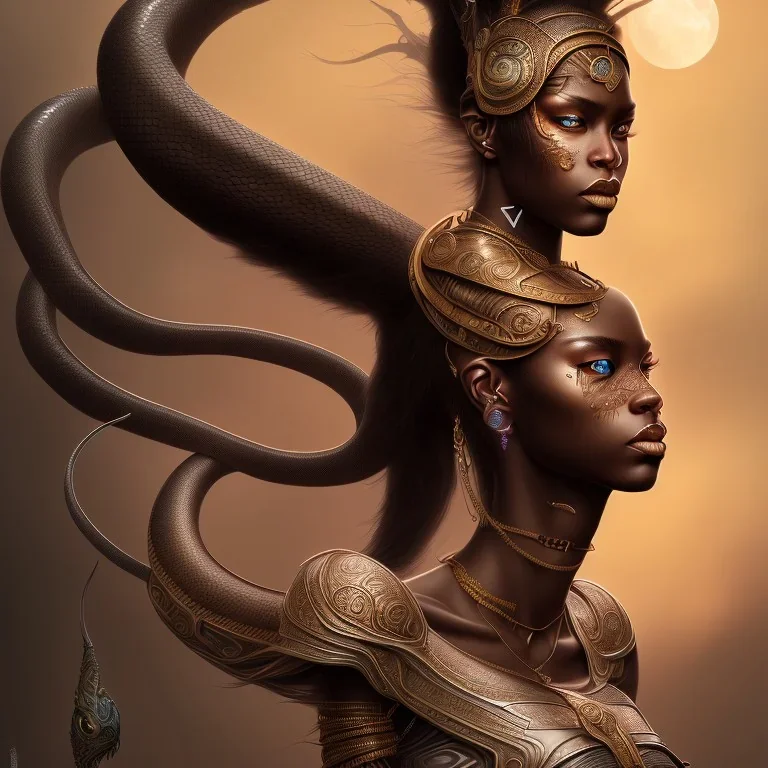 sango fantasy, fantasy magic, intricate, sharp focus, illustration, highly detailed, digital painting, concept art, matte, masterpiece snake head sexy lady body black African beauty tiger wearing African hair one head windy background