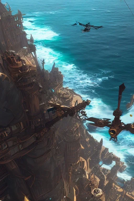 steampunk helicopter above a dangerous ocean