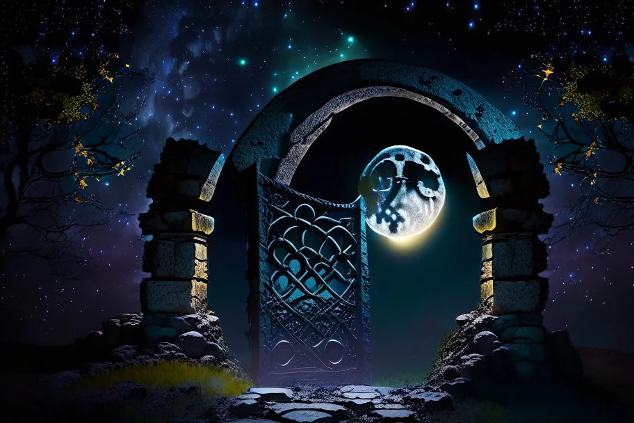 Stone moongate glowing at night under a full moon dark fantasy