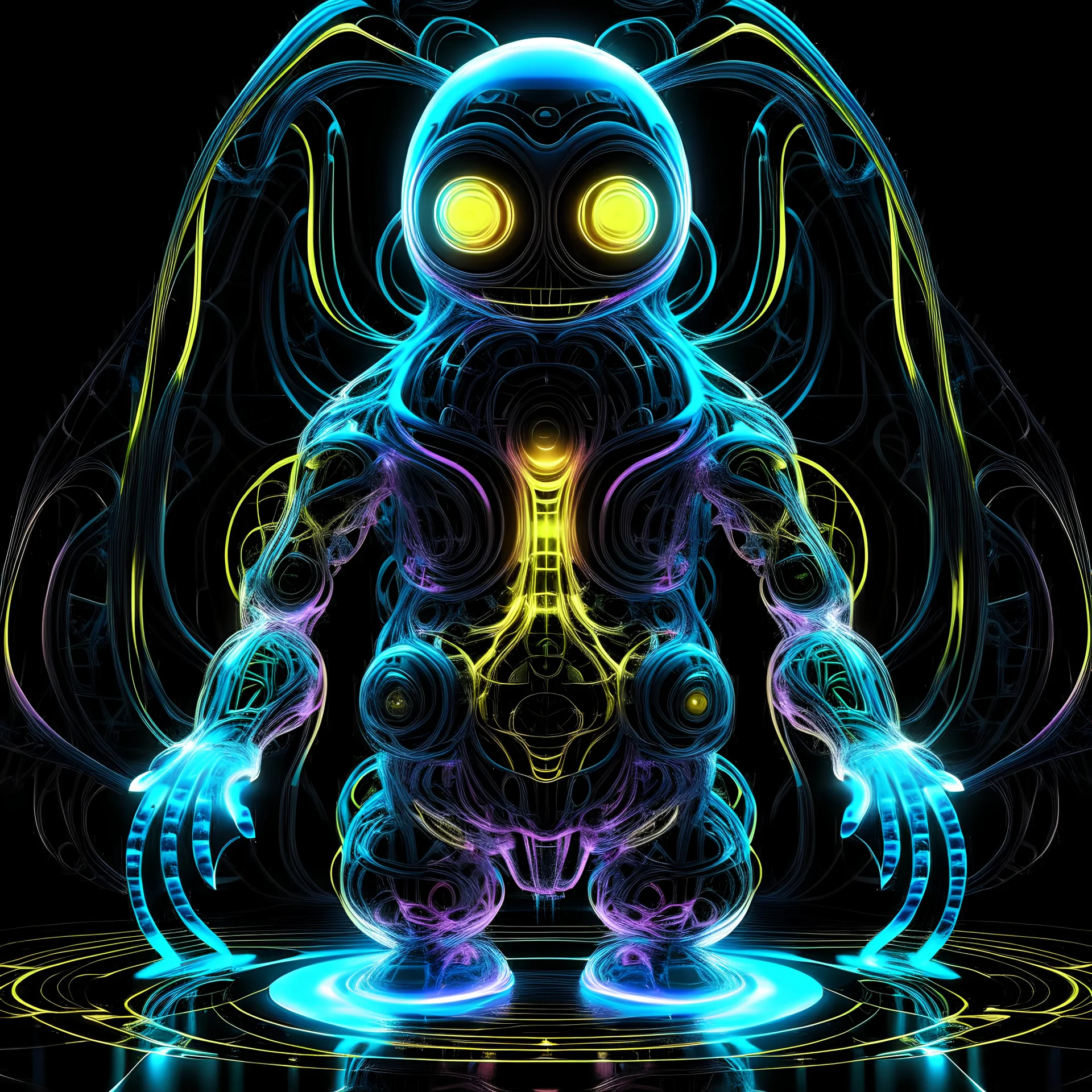 A mesmerizing and ethereal hologram transparent glass fantasy minion The translucent fire within the fractal glows with a captivating luminosity, its intricate patterns performing a mesmerizing dance of recursion. The radiant glow casts an otherworldly aura upon the sleek black neon surface, creating an enchanting and surreal visual spectacle.