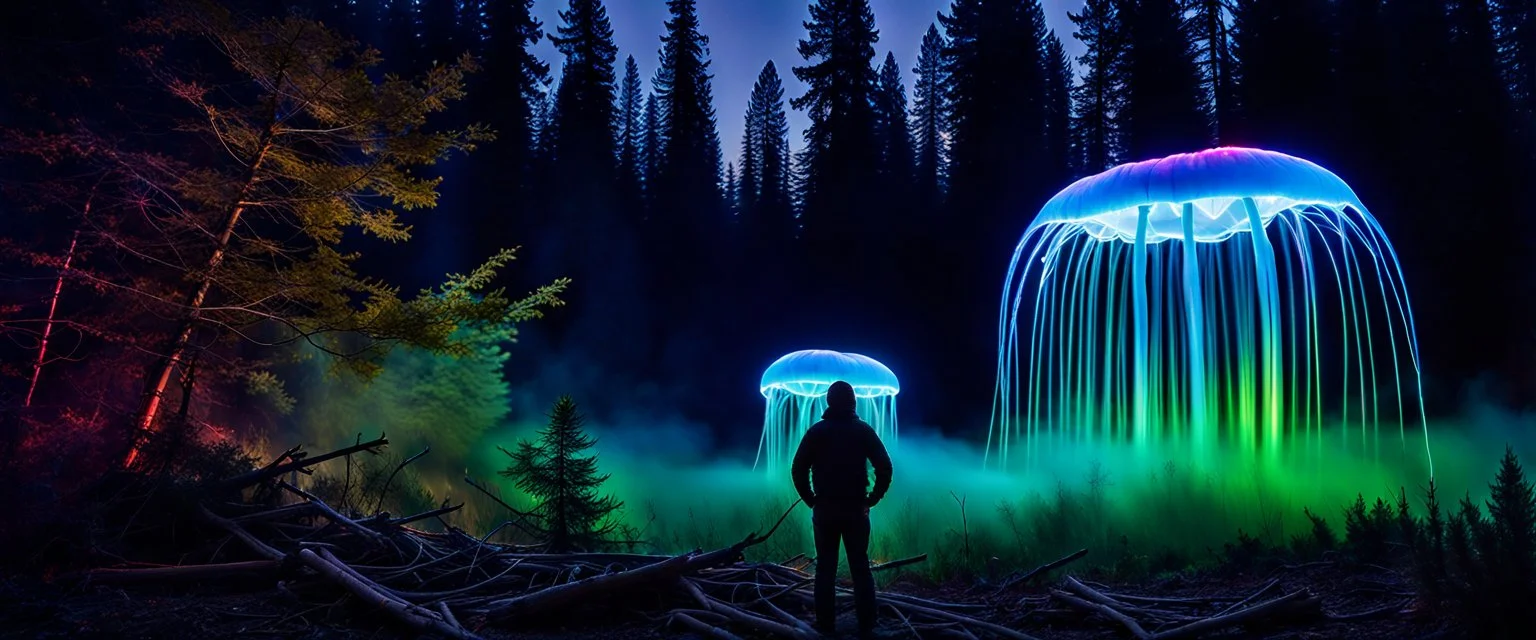 Bigfoot epidemiologist investigating, closeup, giant bio luminous Rainbow floating high JellyFish, light floating in a forest, mist, light trails, nighttime, long exposure, Treeline, Alberta, scientist, Dystopian, Hyper detailed, Realistic, Extreme depth of field, bokeh blur, Alberta all-natural, National Geographic, in the style of candid, imperfection, natural lighting, cinematic, Fuji Film, Anamorphic lens, 2040s, --ar 4:5 --w 150 --style ra