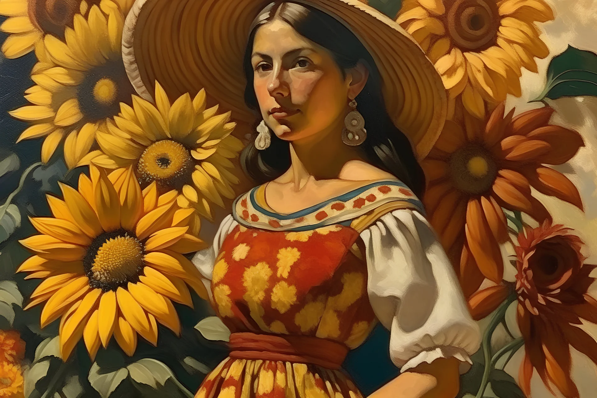 mexican woman with flowers painting neoclassism whole body zoom the sun