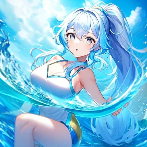 Clear focus, 8k, beautiful lighting, vibrant colors, girl, light blue hair, long hair, white eyes, ponytail, messy hair, water magic,