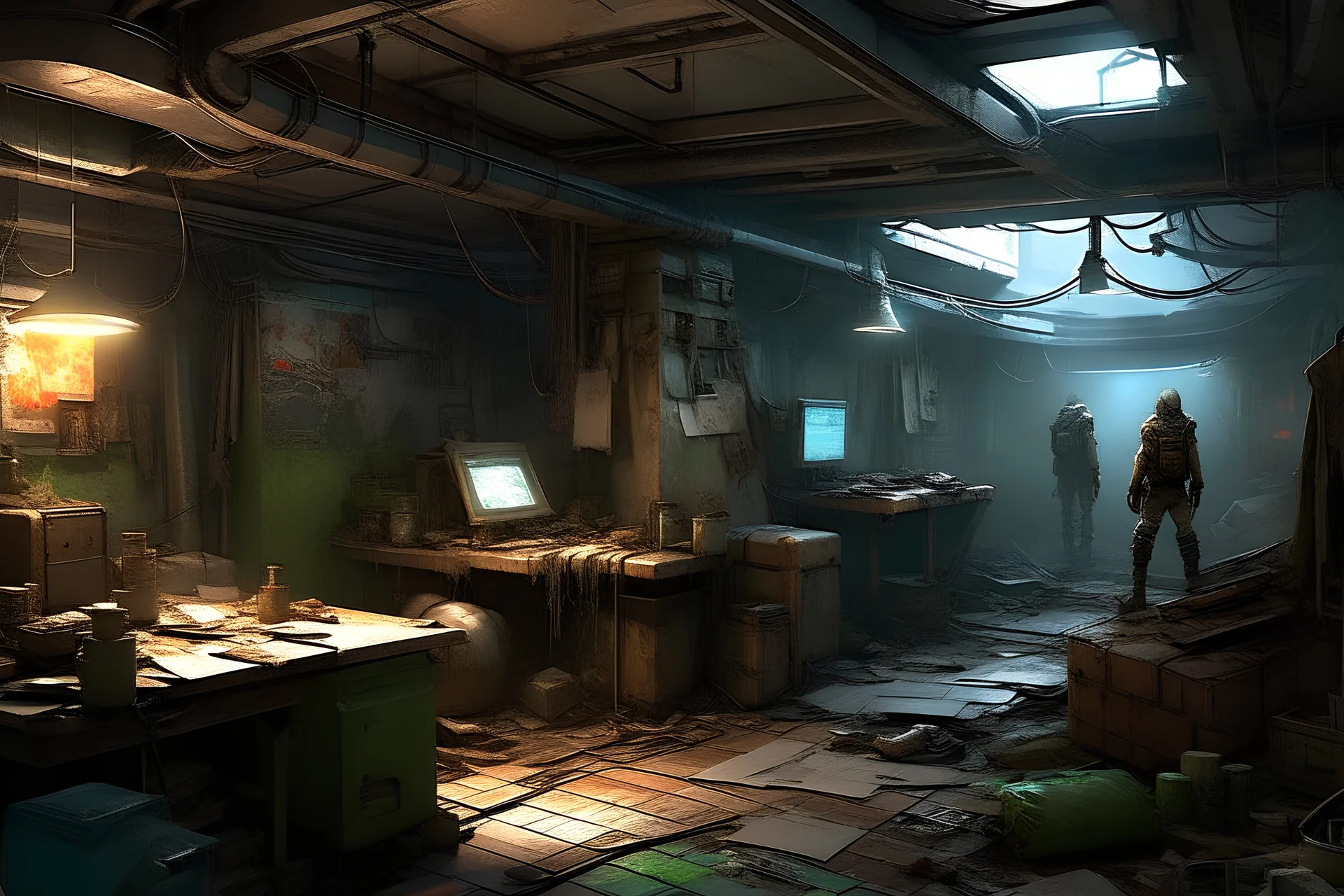 scavengers loot room, post-apocalyptic, concept art