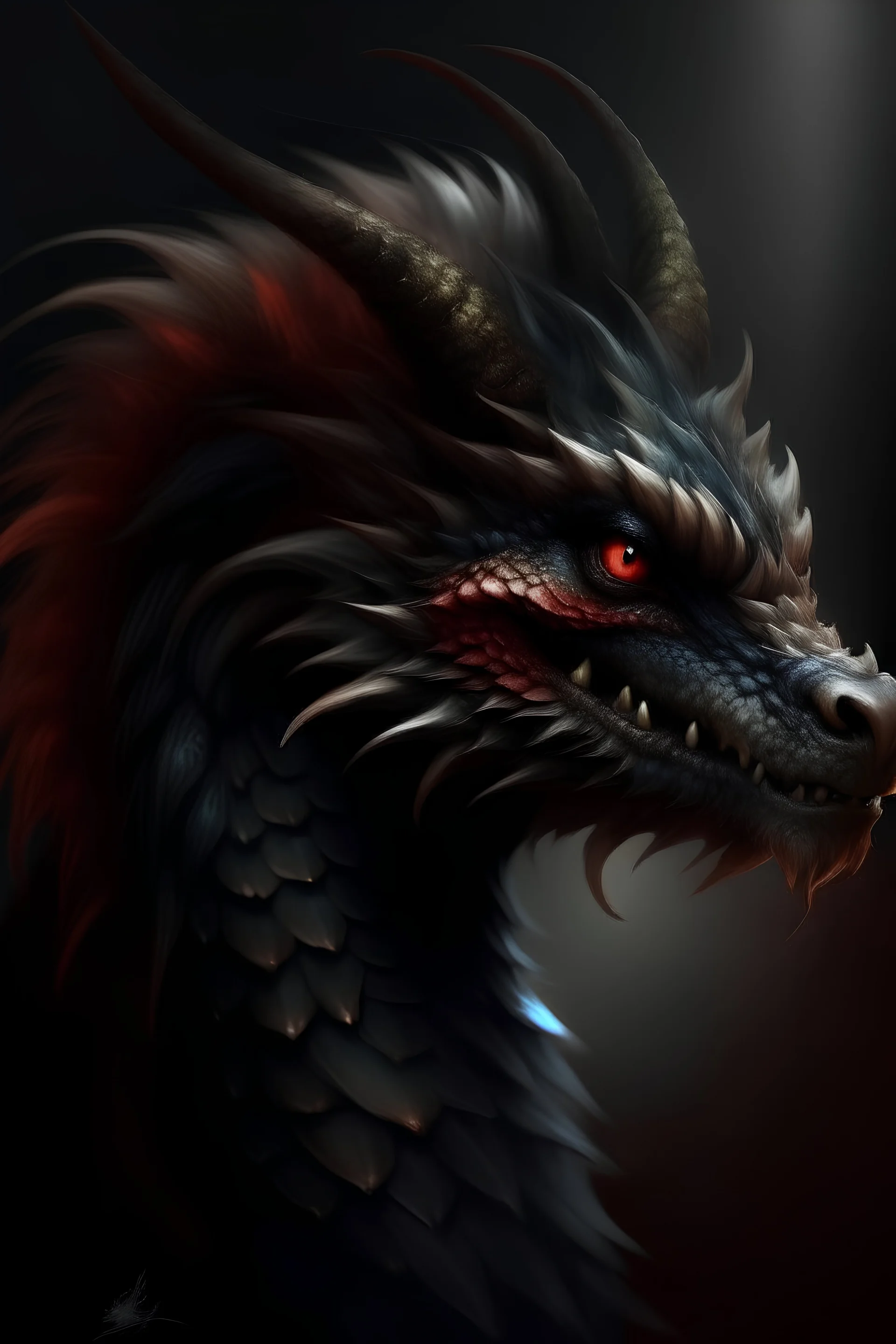 fluffy eastern dragon, headshot, dark colors