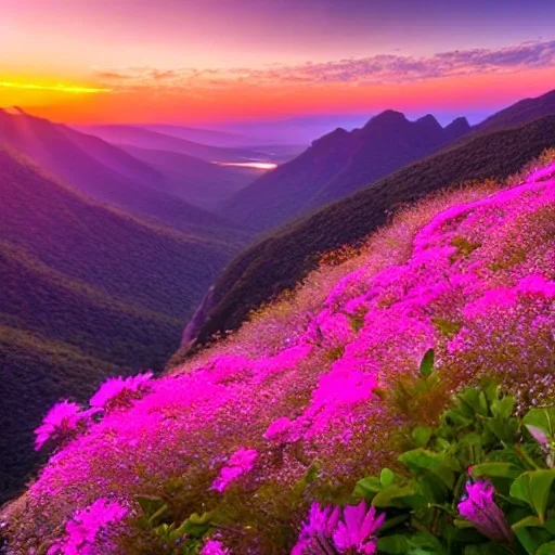 la montagne lever de soleil ciel rosé, fleurs rivières cascades. paysages , haute qualité photographique