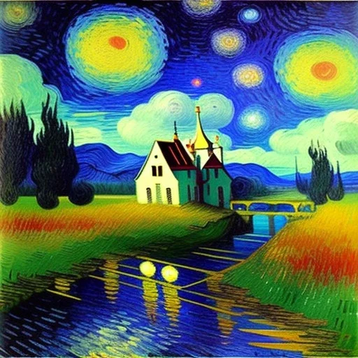 Dibujo al oleo de una pradera con una casa y un rio con una grulla con muchas nubes de colores estilo Vincent van Gogh