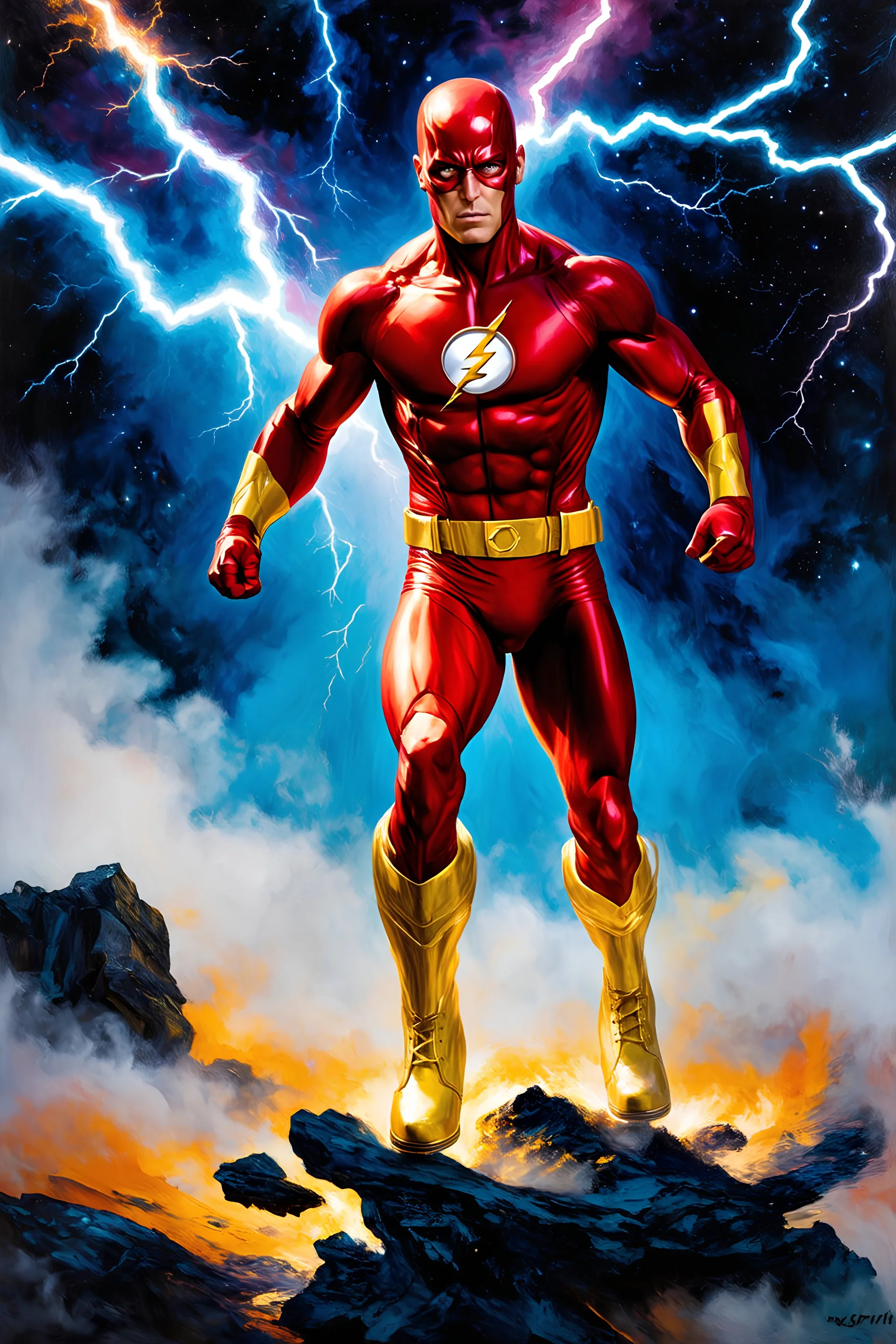 the Flash with gold boots, oil on canvas, extremely colorful, foggy in the foreground, multicolored lightning and outer space in the background, in the art style of Boris Vallejo