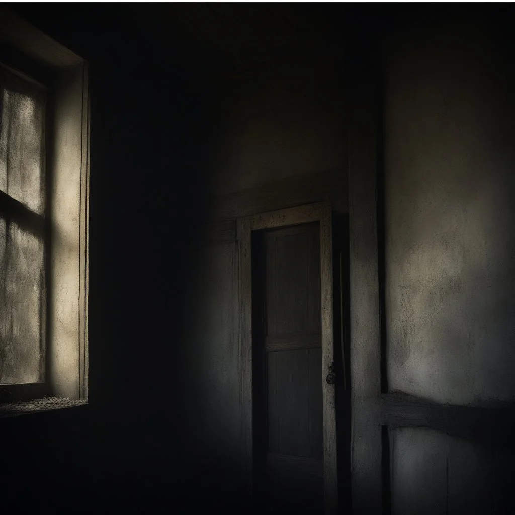 An ancient, weathered door stands in an abandoned house, shrouded in deep, engulfing darkness. The walls are rough and covered in moss and dust, with wooden beams crumbling and floors uneven. The faint light coming from a small particle of the philosopher's stone, placed mysteriously near the door, emits a warm, surreal glow, contrasting with the surrounding darkness. The stone’s light weakly illuminates the nearby area, casting long, eerie shadows. The atmosphere is thick with mystery and tensi