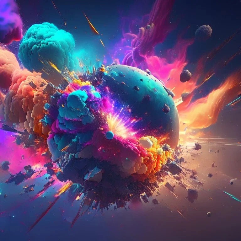 multiple colorful magical explosions destroy a planet, 8k resolution, photorealistic, ultra detailed