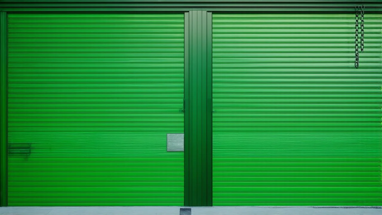 Puerta industrial con cadena tensa, resuelta en acrílico de alto contraste; la planta mínima entre las baldosas es un signo de resistencia, un verde que insiste en existir
