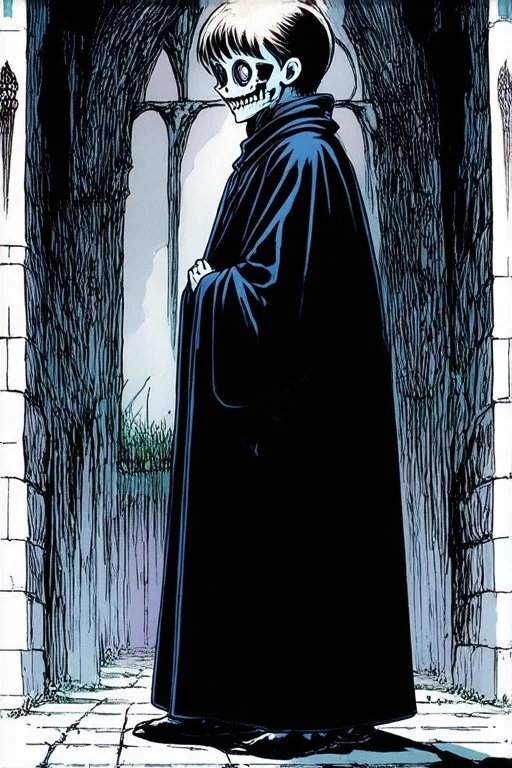 7 year old boy, necromancer, friendly, looks dead,wearing black robes, with the lower body of a ghost in the style of Harry Clarke