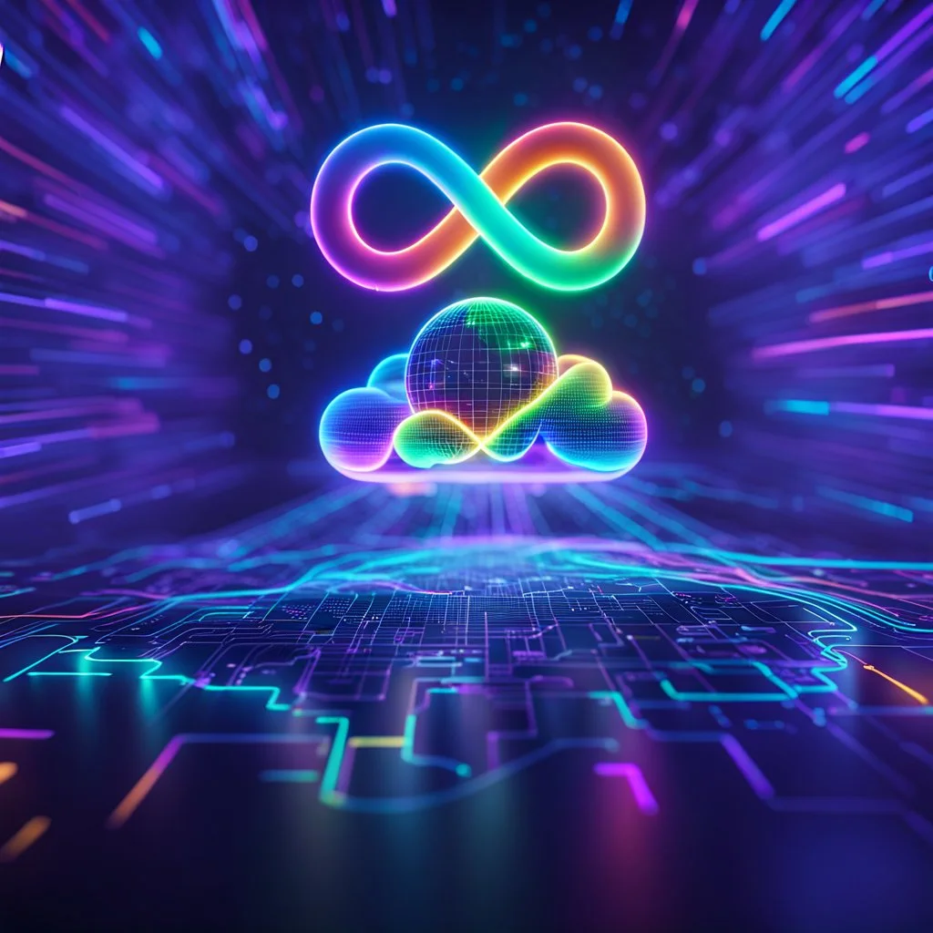 Colourful 3D glowing infinity symbol ∞, hovering above a colourful glowing cloud, network and lights coming from the cloud onto a futuristic map of the globe, inspiring, neon, glowing, friendly, beautiful, octane render, 8k post-production, artstation: award-winning: atmospheric: commanding: fantastical: clarity: 16k: ultra quality: striking: brilliance: liquid medium: stunning colors: amazing depth; lens: f/8, 28mm