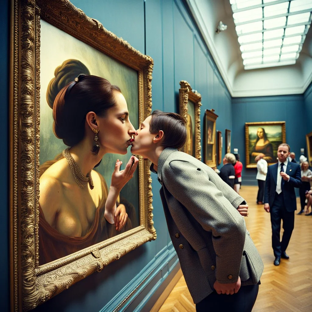 Mona Lisa comes out of the picture and kisses a young navy officer who is standing in the museum looking at her picture