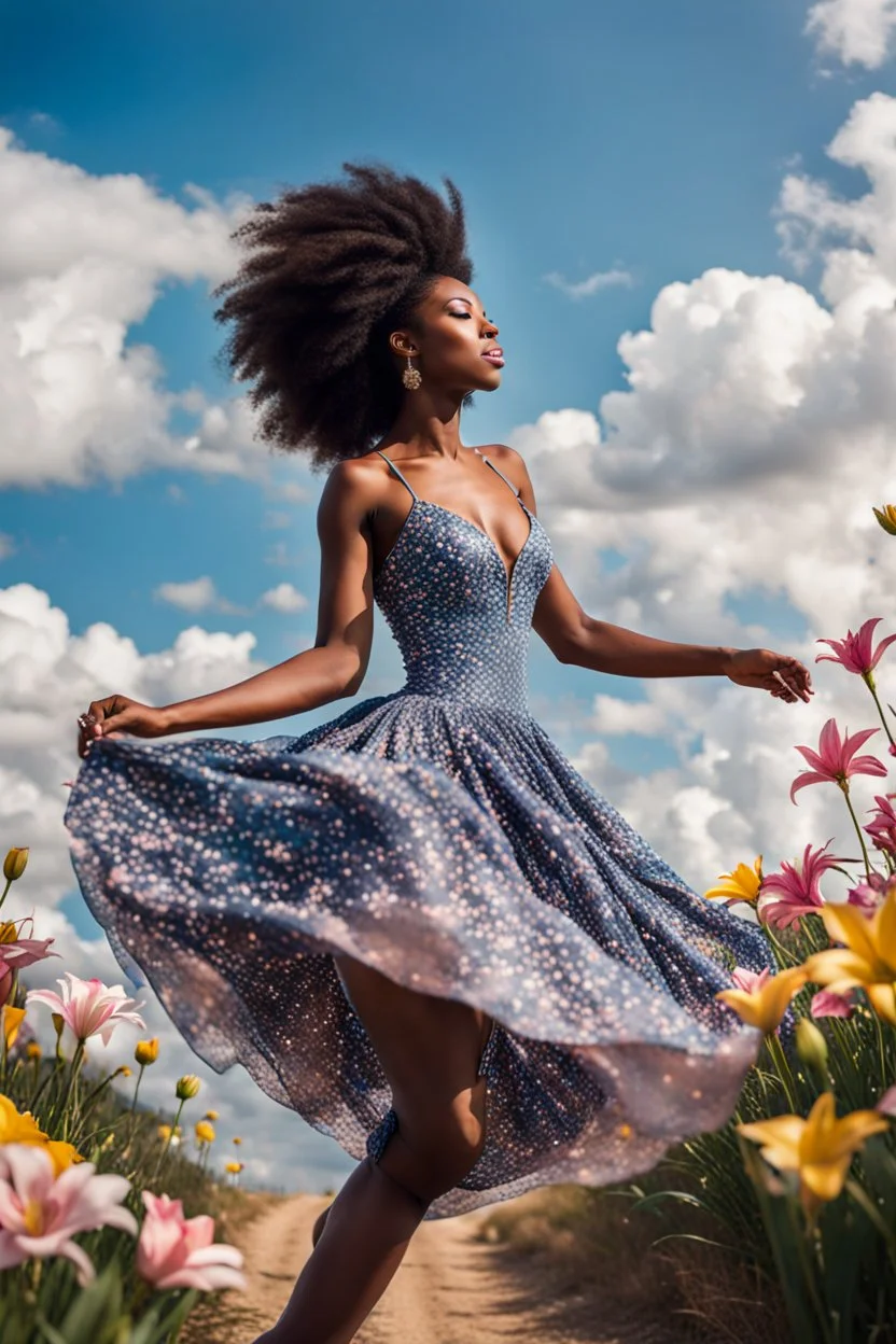 The camera zooms in, focusing sharply on very beautiful black girl with make up Lily wearing pretty dress as she dances gracefully in the same romantic environment with flowers and sky with nice clouds. Her joy and youth are presented against the backdrop of the surreal surroundings.