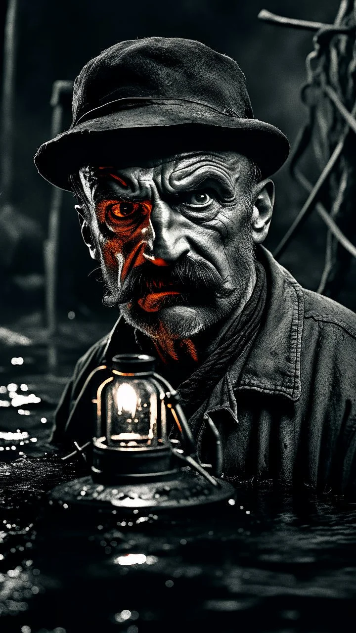 A man with oil lamp in a Coal mine.