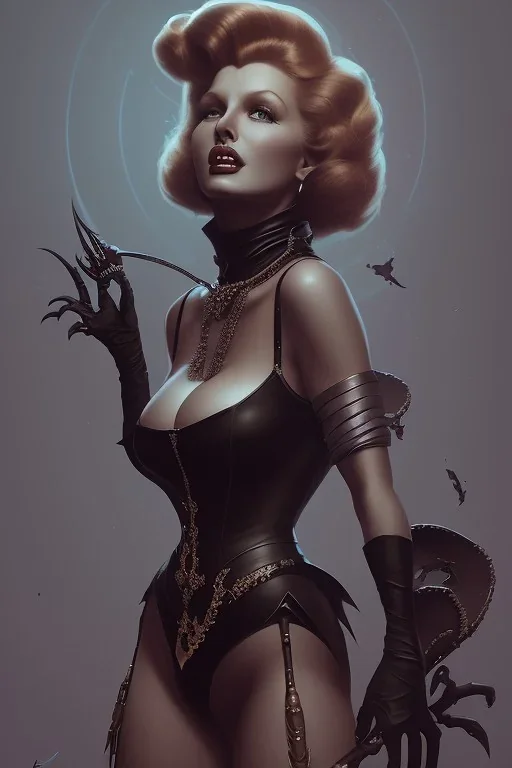 Rita Hayworth as evil queen in black leather, busty, cleavage, dominatrix, curvy, angry, stern look. character design by cory loftis, fenghua zhong, ryohei hase, ismail inceoglu and ruan jia. unreal engine 5, artistic lighting, highly detailed, photorealistic, fantasy