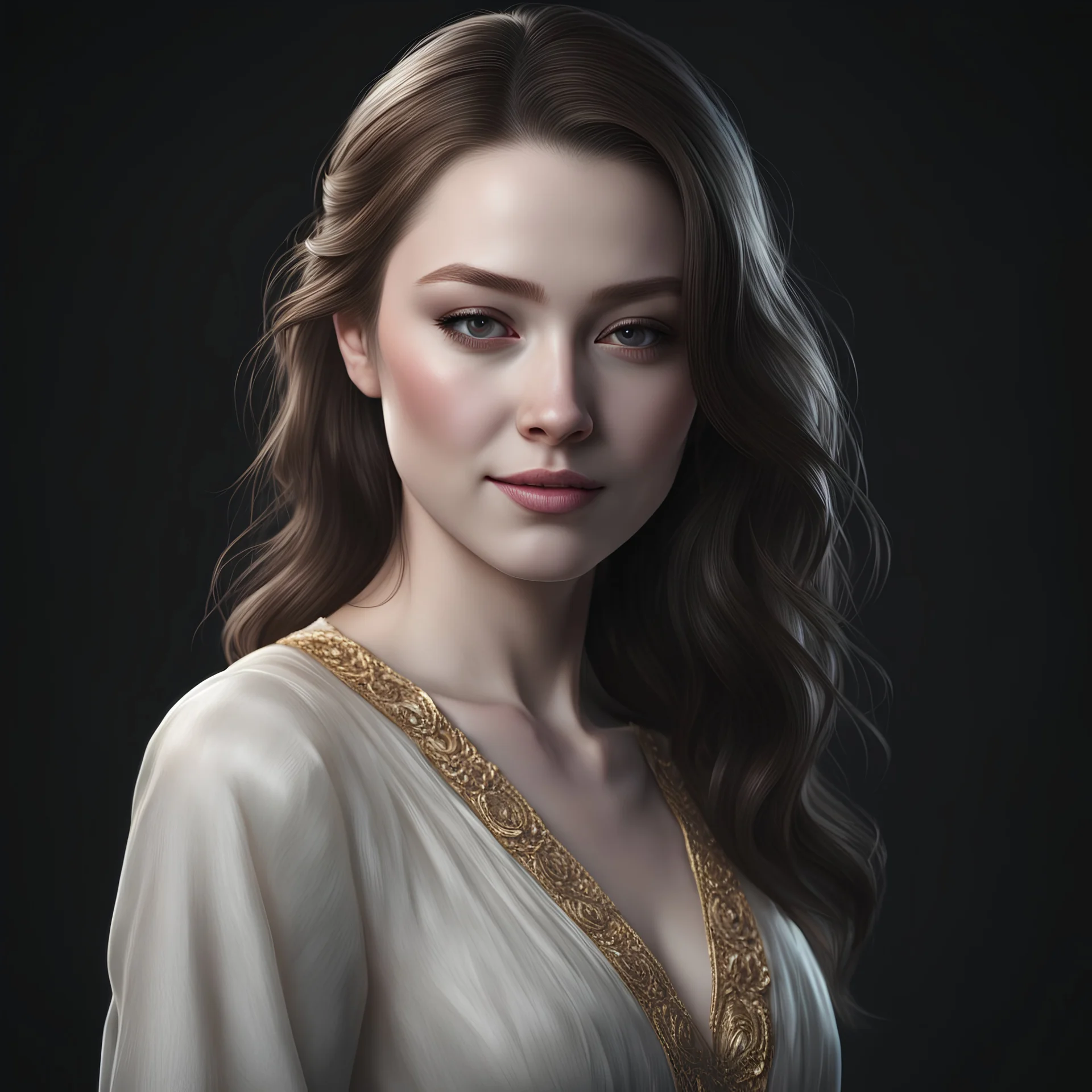 ((young woman pale skin)), dark background, mid shot, full body, happy expression, looking down, ultra realistic, highres, superb, 8k wallpaper, extremely detailed, intricate, limited palette,