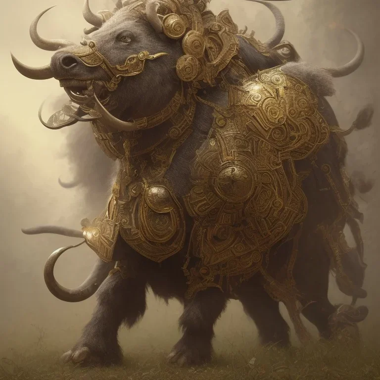 a Buffalo warrior in Gold and black battle armor, a highly detailed illustration, background of Inka jungle, realistic render, 8 k, micro detail, intricate, elegant, centered, digital painting, Artstation, smooth, sharp focus, illustration, artgerm, tomasz alen kopera, peter mohrbacher, donato giancola, joseph christian leyendecker, wlop, boris vallejo