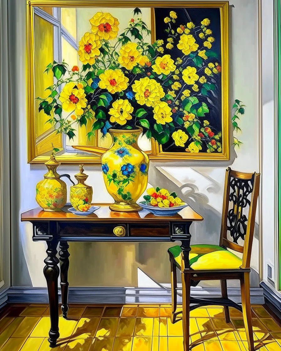 beautiful art print features yellow flowers in a chinoiserie vase sitting on a table, with black ladderback chair in background Modifiers: oil on canvas beautiful dynamic lighting crisp quality colourful acrylic art still life luminism Gustave Klimt style raw beautiful oil on canvas beautiful oil on canvas oil on canvas