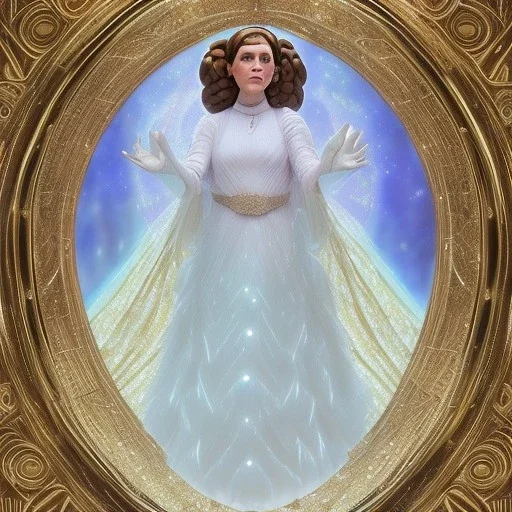 hyperspace background, complete and photo realistic detailed head to waist stunning photo realistic portrait of carrie fisher as Princess Leia in star wars with photo realistic hairstyle by Mandy Jurgens and mucha and Richard Schmid and chuck close and chie yoshii, extraordinary and detailed ceremony dress of star wars,brown eyes