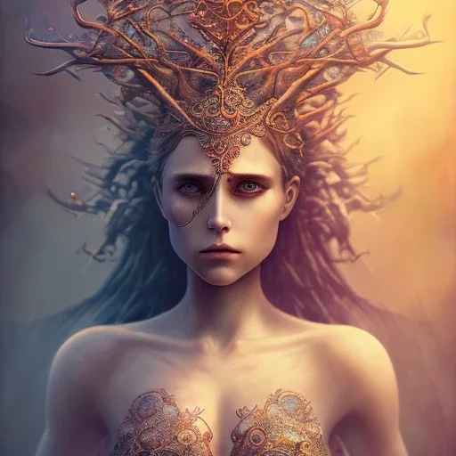 watercolor illustration ,singer Danish MØ, intricate detail , rusty metal, Dryad, sidhe, ominous, portrait,high lighting,