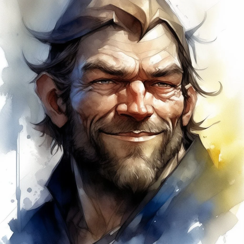 dnd, fantasy, watercolour, large strokes, stylistic, portrait, illustration, male, face, weathered face, sly, violent, evil, smiling, vigorous, rogue, criminal