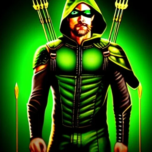 ultra detailed fullbody Portrait in oil on canvas of Green Arrow, extremely detailed digital painting,intrincate, extremely detailed face,crystal clear Big Glowing eyes, mystical colors , perfectly centered image, perfect composition, rim light, beautiful lighting, 8k, stunning scene,extremely sharp detail, finely tuned detail, ultra high definition raytracing, in the style of robert e howard and pablo oliveira and Ken Kelley and Ohrai Noriyoshi and Simon Bisley and tomzj1