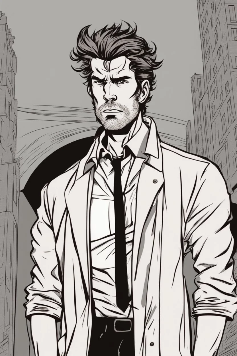 man with scruffy hair, stubble and a disgusted, judgmental look on his face comic book style