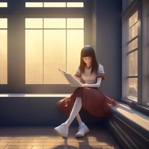 Anime, female student studying under window, studying lesson, perfect face, cool face, ultra detail, unreal engine 5, cinema4d, sun light, studio lighting --ar 1:1 --v 4