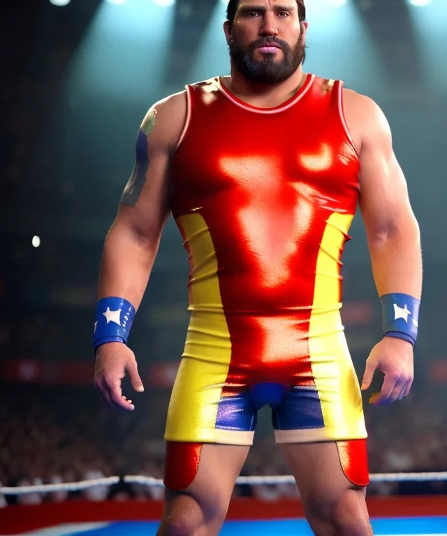 Realistic image of Donald trump wrestler, Mexican wrestling style, eye liner, red and blue breeches, glow us flag dress, suspenders, retro style, 80s, vibrant color, highly detailed, clean background, concept art, unreal engine 5, god rays, ray tracing, RTX, lumen lighting, ultra detail, volumetric lighting, 3d, finely drawn, high definition, high resolution.