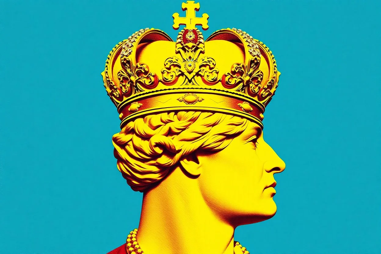 french crown jewells on central bankers head Again style of warhol