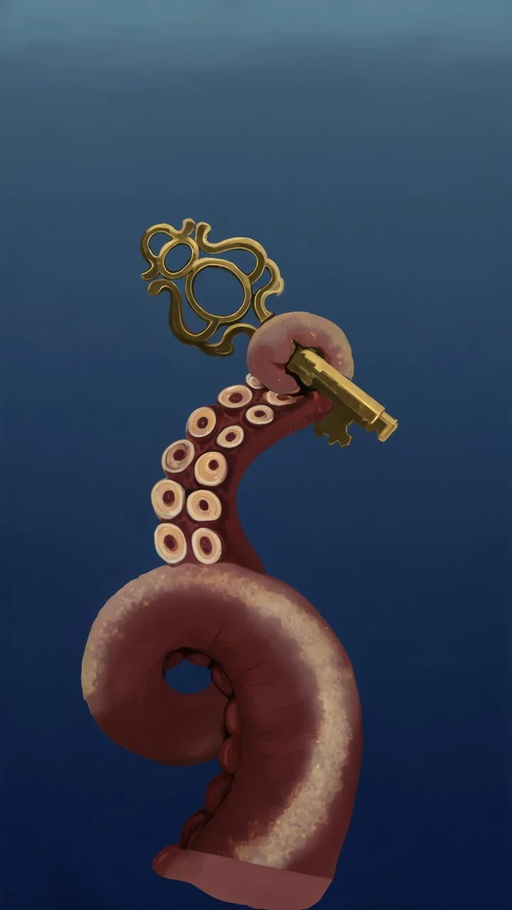 An octopus tentacle reaching out from the depths, holding an ancient key, flickering with light. It may be dark all around, but the key itself is bright and clear.