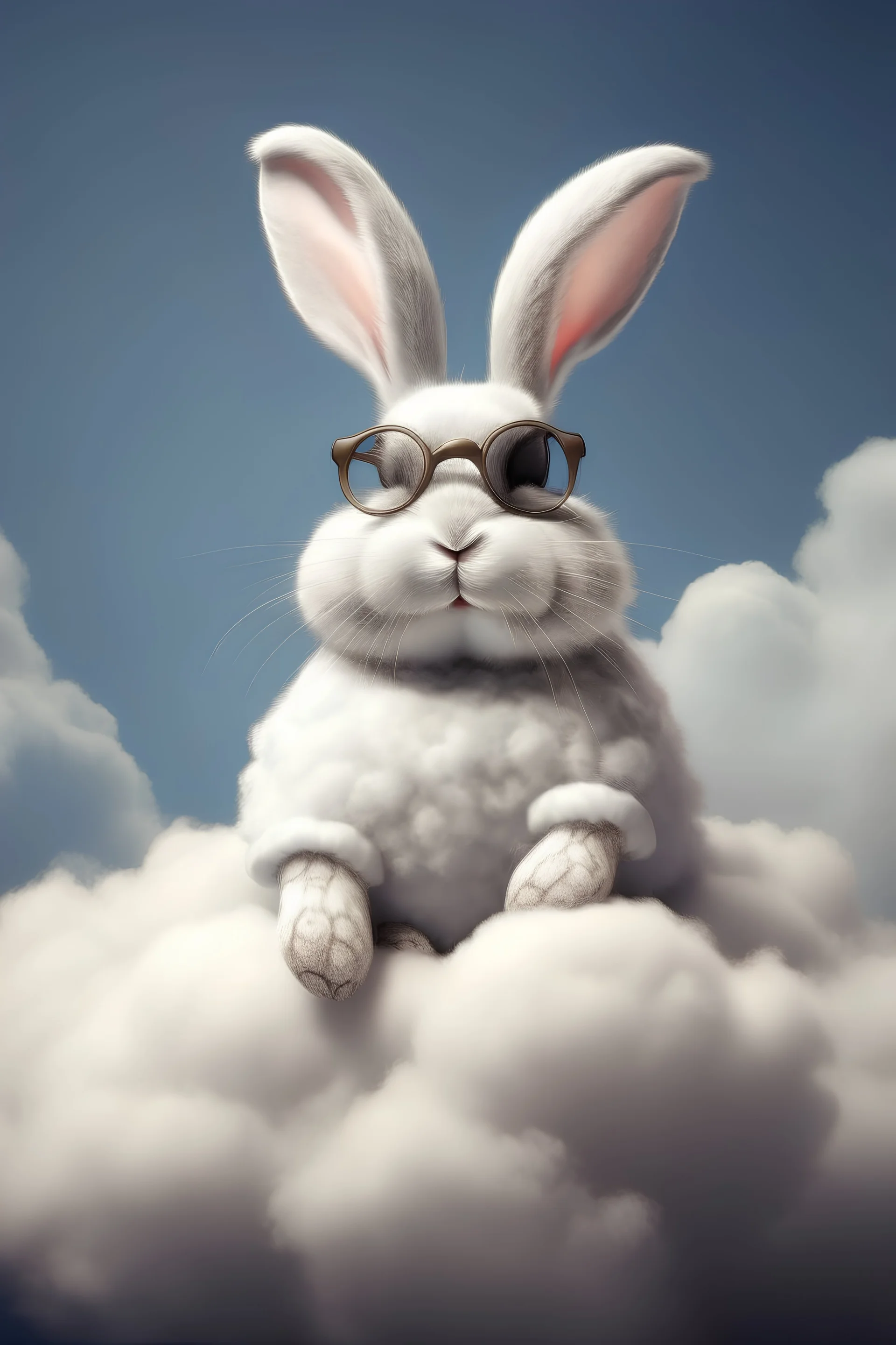 Rabbit with glasses siting on a cloud