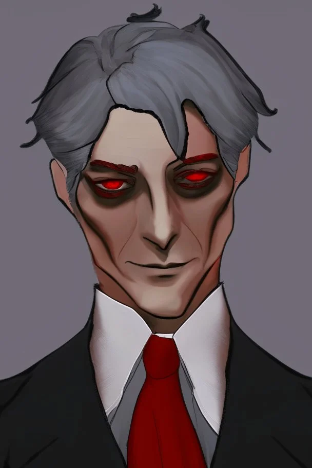 Realistic, red eyes, light skin, short black and gray hair, red earring, suit and tie clothing, gloves on hand