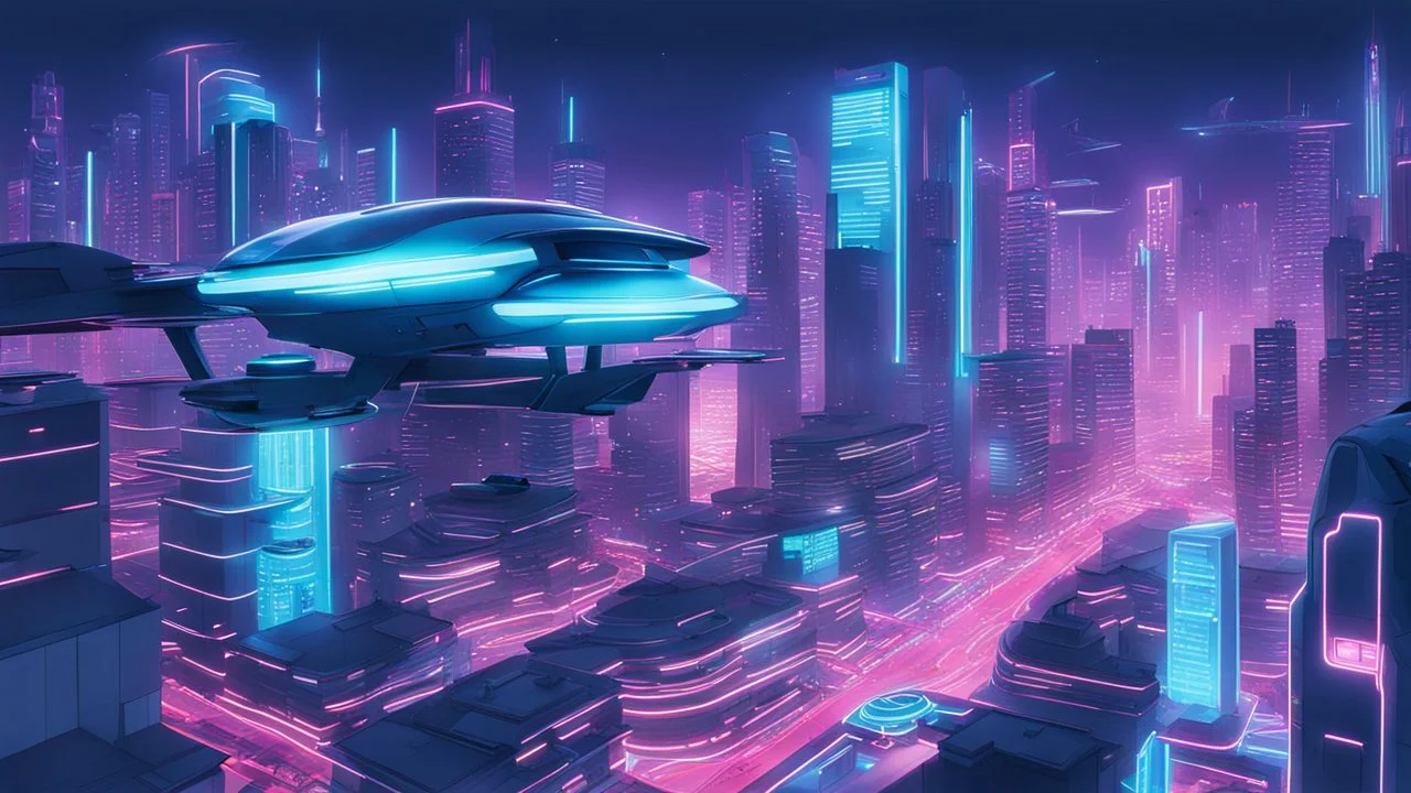 A futuristic cityscape at night with neon lights and flying cars.