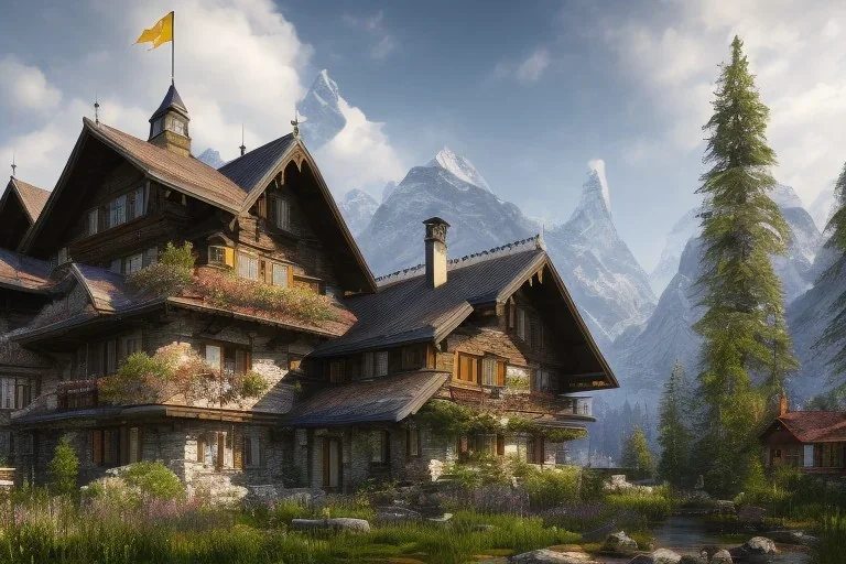 a swiss house in the mountains as far cry 4 concept art, spring season, beautiful, gorgeous buildings, oil painting, painting by viktor vasnetsov, concept art, fantasy landscape, swiss architecture, cryengine 5 enterprise engine, volumetric lighting, volumetric clouds, painting by ivan shishkin, hyperborea, hires, trending on artstation