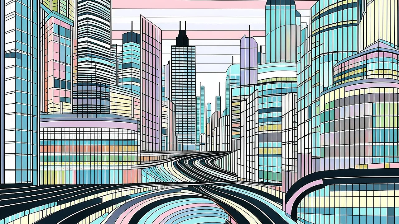 Combination curved black grid lines and pastel color blocks, like the curves of big city streets full of buildings and people on the move