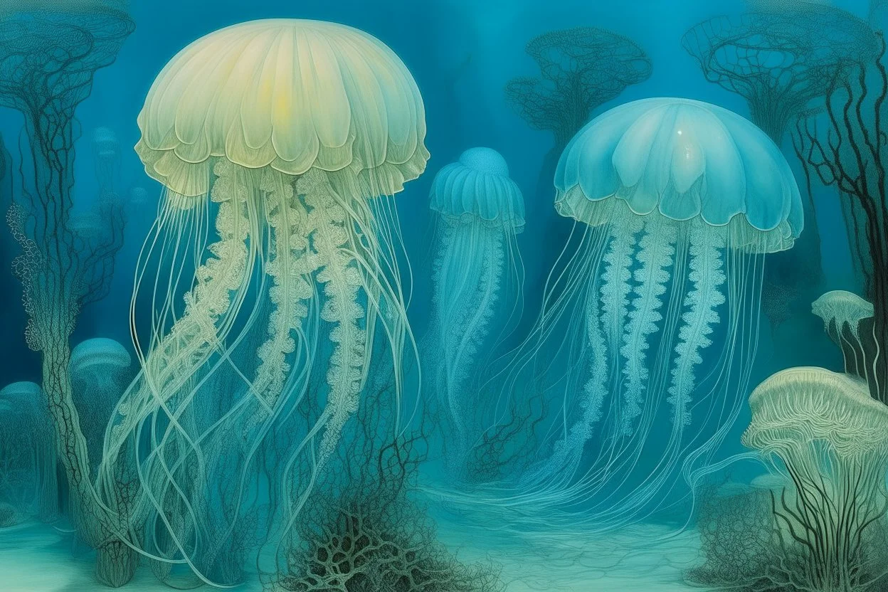 A cyan reef with icy jellyfish painted by Leonardo da Vinci